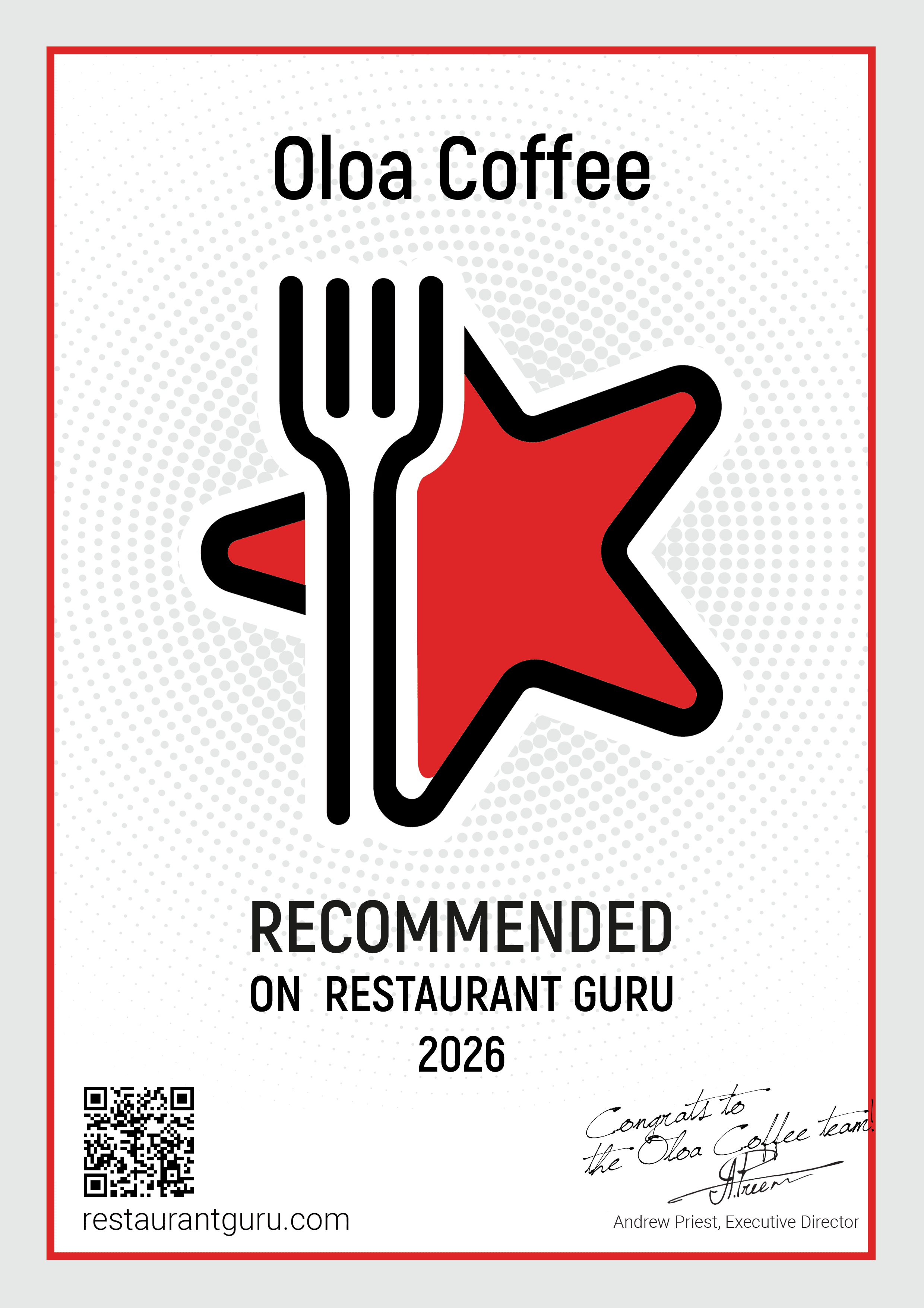 Restaurant Guru 2026 — Oloa Coffee Recommended sertifikası